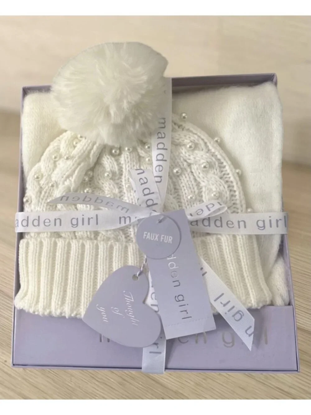 Madden Girl Juniors Soft Scarf & Cable Knit Beanie Hat Boxed Set